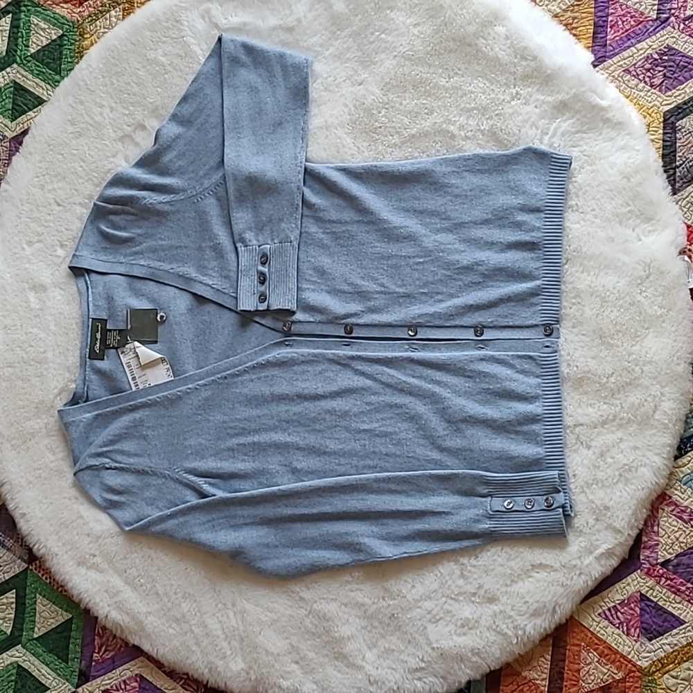 NWT Eddie Bauer Soft Blue Cotton Angora Blend Shell Button Cardigan Sweater